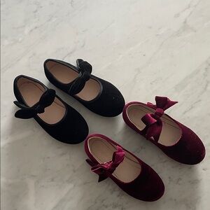 Elegant Velvet Kids Shoes with Bow - Black and Burgundy